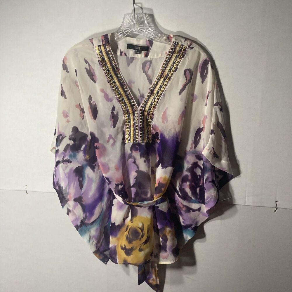 XXI white multicolor floral watercolor beaded v-neck belted batwing sleeve top M